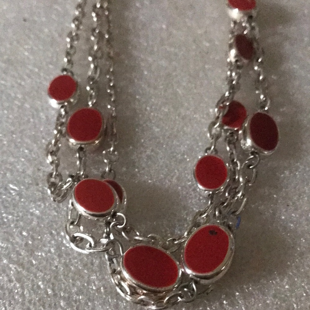Red Enamel Multi-Disc Silver Necklace - Women Jewelry